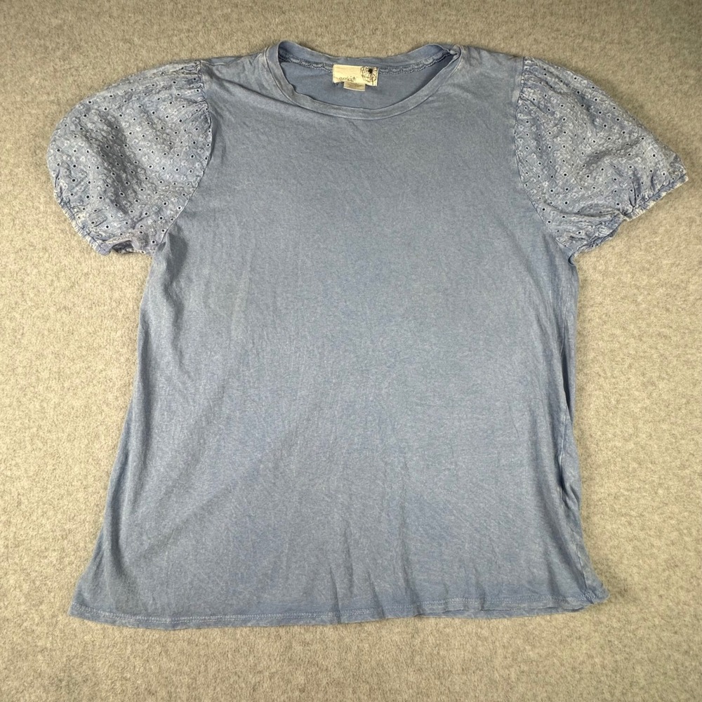 Everleigh Women Blue Eyelet Puff Sleeve Cotton Linen Mixed Media Top Large